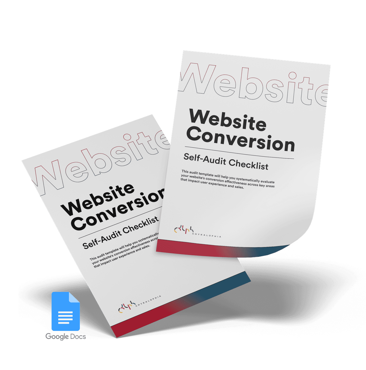 Two covers of the Website Conversion Self-Audit Checklist with a Google Docs badge