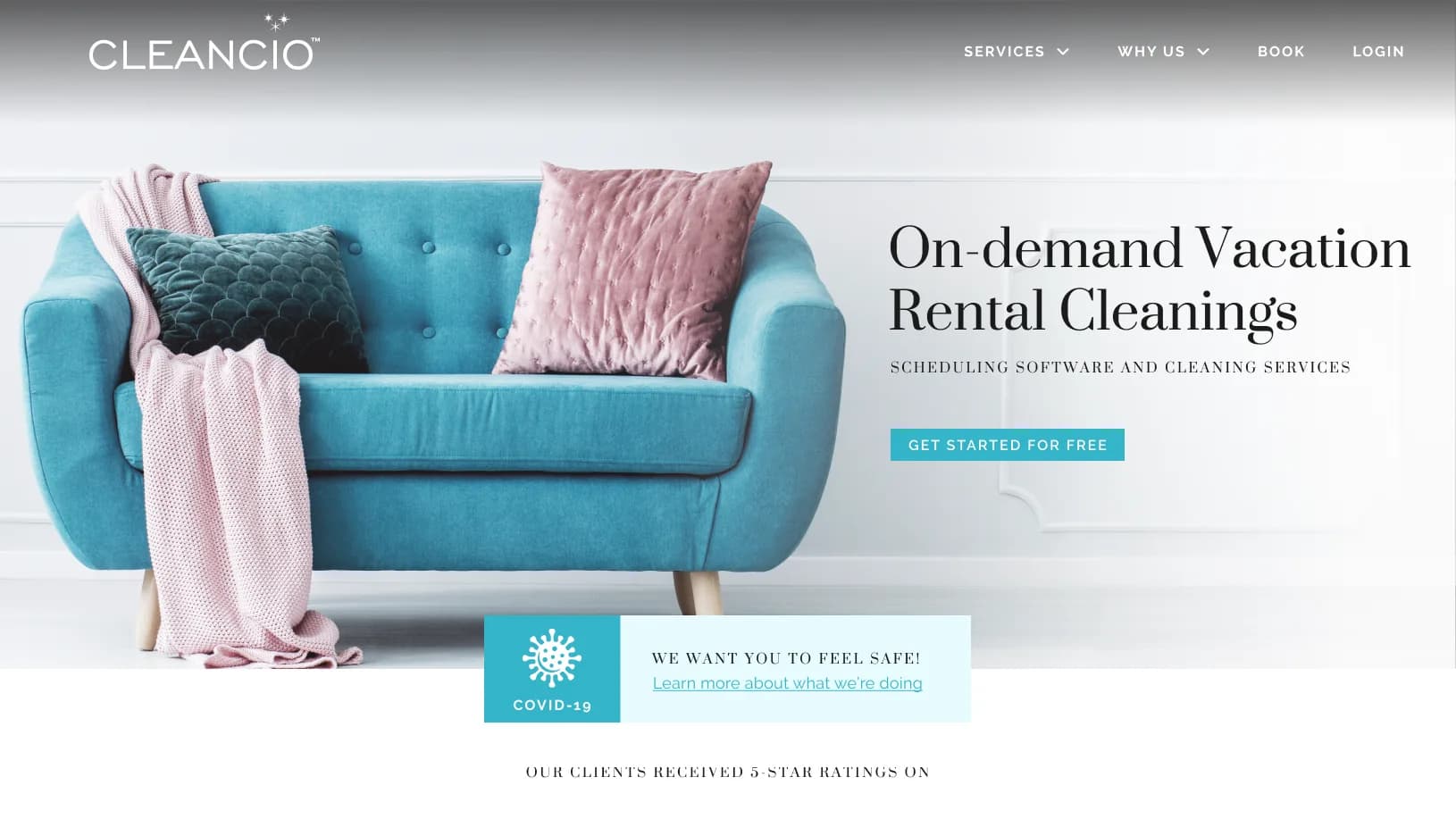 The Cleancio homepage design, headed On-demand Vacation Rental Cleanings