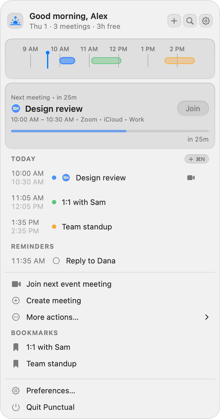 The Punctual menu-bar dropdown: a greeting, a timeline of today's meetings, the next meeting with a Join button, today's agenda and reminders.
