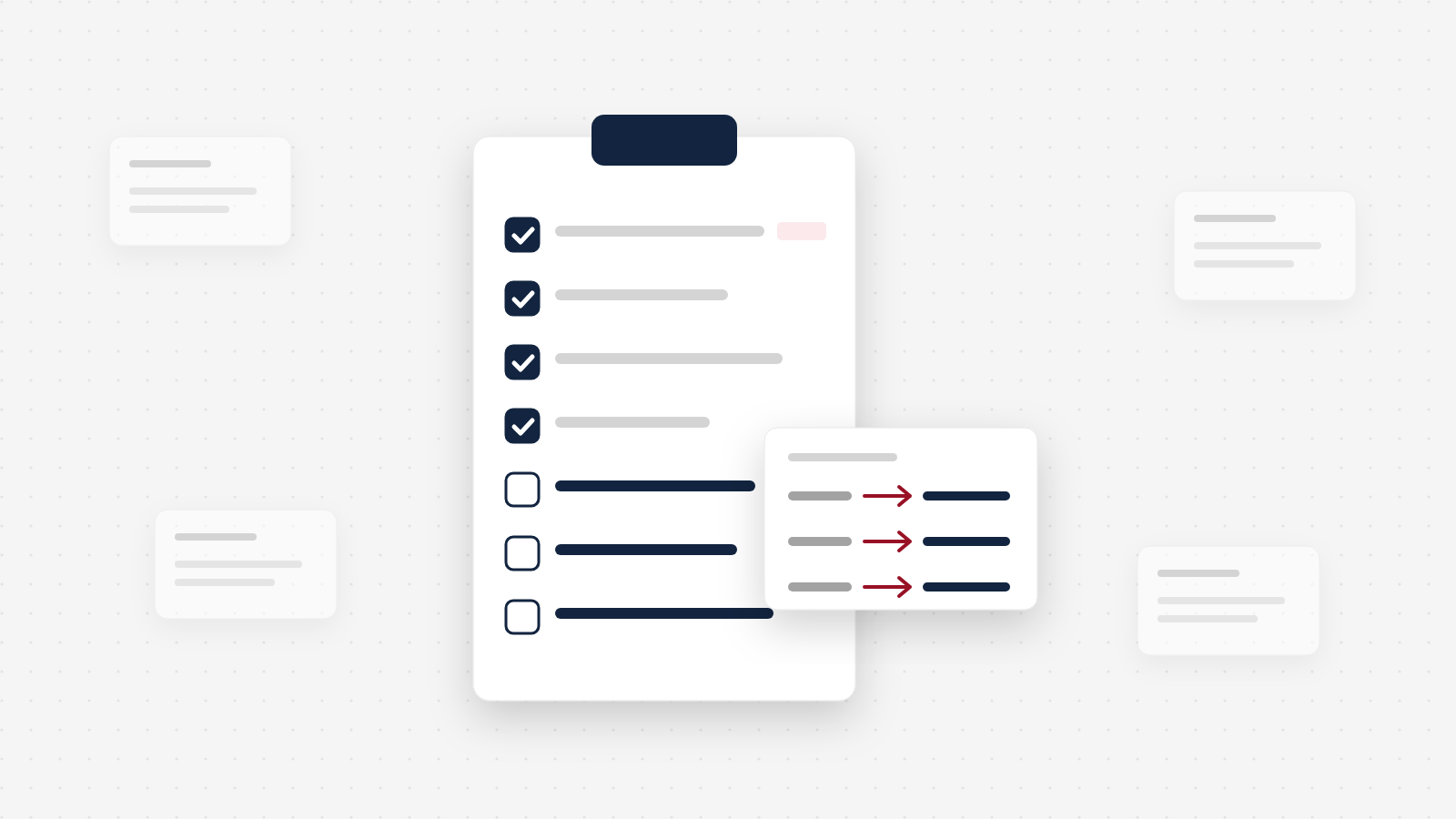 A clipboard checklist with four items ticked, next to a redirect map pointing old pages to new ones